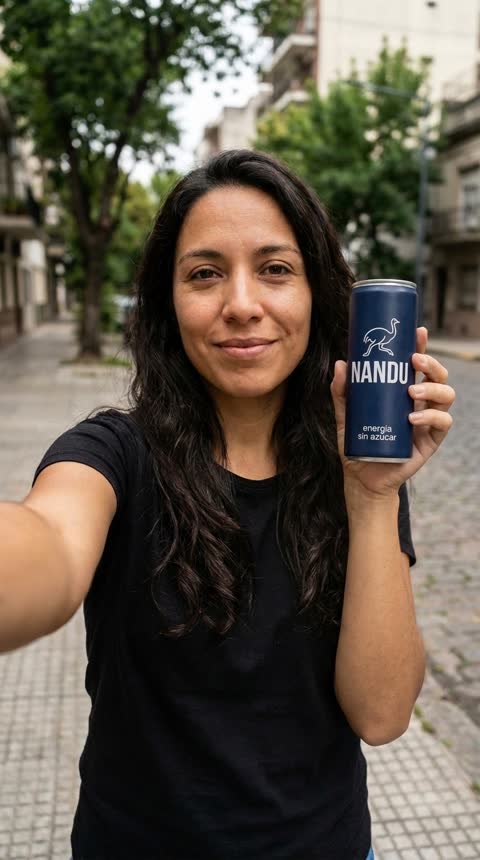 Muestra gratis: Camila con la lata NANDU en vereda