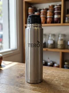 El termo TERO, de acero, sobre el mostrador de un local de mates